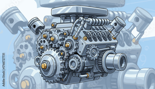 Detailed illustration of a shiny, metallic car engine component, featuring intricate gears, pistons, and springs, set against a blurred background of similar machinery, highlighting mechanical