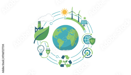 Vibrant illustration of the Earth surrounded by icons representing sustainable energy sources like wind turbines and solar panels, alongside symbols of environmental protection, recycling, and