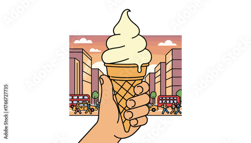 A hand holds a delicious creamy vanilla soft-serve ice cream cone against a vibrant cityscape backdrop with tall buildings, yellow taxis, red double-decker buses, and pedestrians walking on the