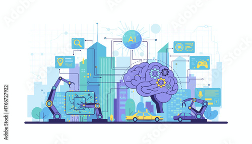 Futuristic AI technology concept with a stylized brain, robotic arms, autonomous vehicles, and smart city elements, symbolizing innovation, automation, and the digital future in a vibrant, modern