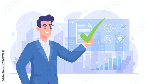 Smiling businessman in a blue suit holding a large green checkmark, signifying approval and successful completion of tasks, with a digital interface displaying charts, graphs, and icons representing