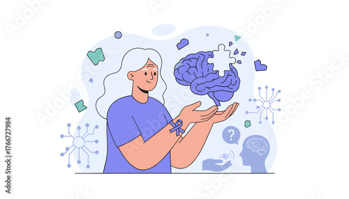 Alzheimer's Disease Concept: Elderly Woman Holding a Brain Puzzle Piece, Symbolizing Memory Loss and Cognitive Health Awareness, with Futuristic Neural Network Graphics and Question Mark