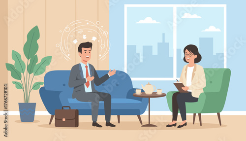 Vivid vector illustration depicting a business meeting or consultation between a man in a suit and a woman in a blazer, seated in a modern office with a large window overlooking a cityscape