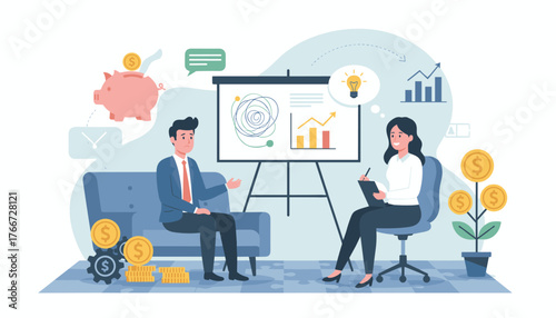 Vivid business concept vector illustration depicting a man and woman in a meeting, discussing financial growth and investment strategies with a piggy bank, charts, and coins symbolizing prosperity