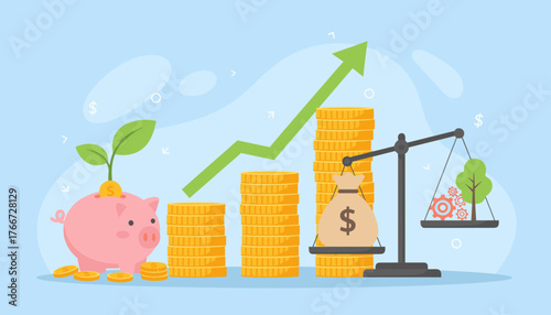 Vibrant illustration depicting financial growth and investment, featuring a piggy bank with a sprouting plant, stacks of coins, a money bag on a scale balancing with a tree and gears, symbolizing