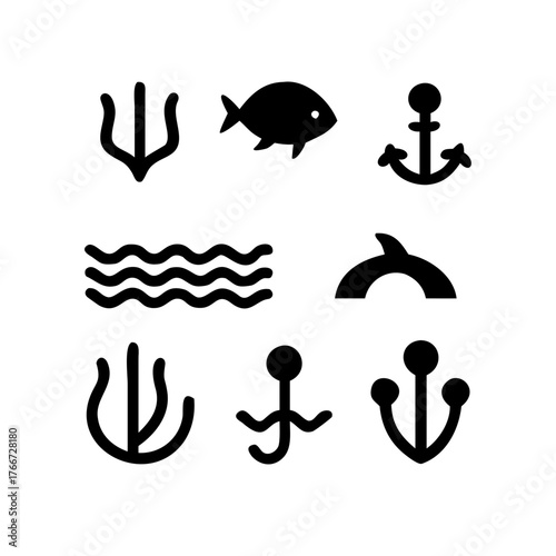 Vector art of collection of marine icons, featuring trident, fish, anchor, wave, dolphin fin, and sea plant, symbolizing ocean life, nautical themes, and underwater elements
