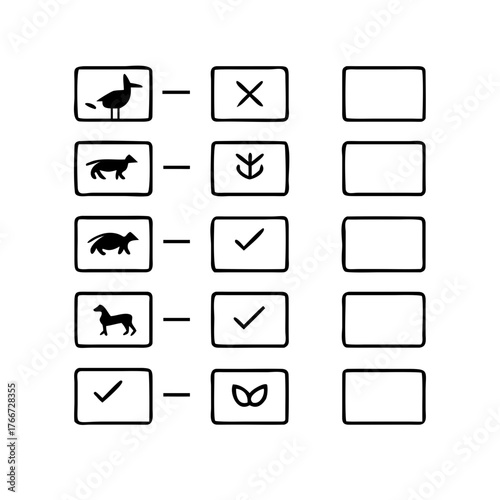 Vector art of this vector graphic features a checklist with various animal icons and corresponding symbols, indicating a selection or matching process, the design is simple and clear