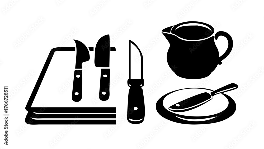 Fototapeta premium Vector art of black and white illustration of kitchen knives and utensils, including a knife block, knives, a pitcher, and a butter knife on a plate