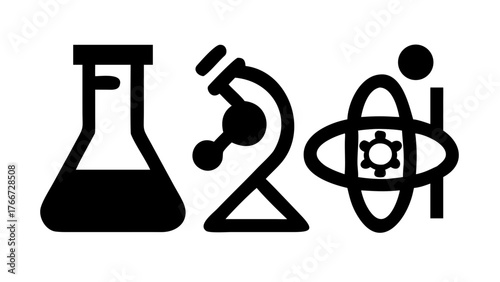 Illustration of science icons, including a flask, microscope, and atom model, representing scientific research, experimentation, and discovery in various fields