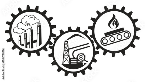 Vector art of industrial gear set with factory, oil rig and tank icons symbolizing industry, manufacturing, and energy production in a clean design