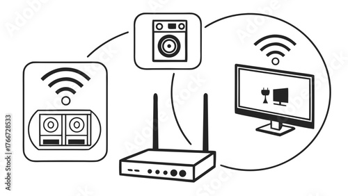 Vector art of network illustration depicting a wireless setup with a router connecting a smart tv, speaker, and other devices in a modern home