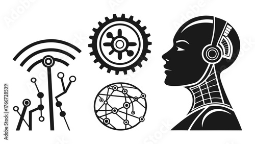 Vector art of technological advancement concept illustration depicts a robot, gear, network, and signal, representing the evolution of technology and connectivity