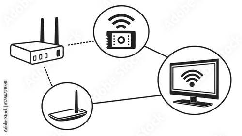 Vector art of network diagram illustrating a wireless connection between a router, smartphone, and smart tv, showcasing modern home connectivity