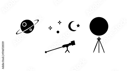 Vector art of a captivating illustration showcasing a planet with rings, stars, a crescent moon, a telescope, and a sphere, all rendered in a clean and simple style