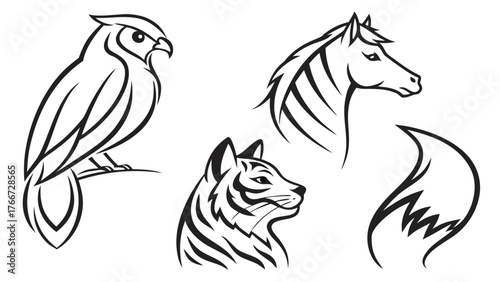 Vector art of a captivating illustration showcasing an owl perched gracefully, a zebras head exuding strength, a tigers face radiating intensity, and a foxs tail hinting at playfulness