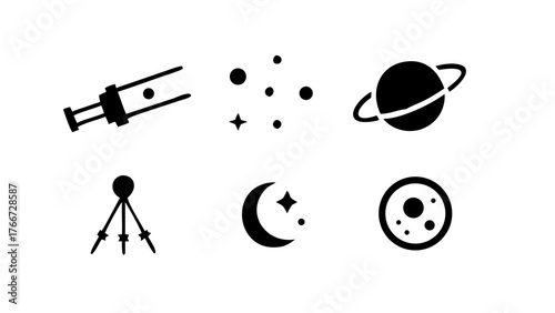 Vector art of astronomy and space exploration icons set telescope, stars, planet, tripod, moon, and galaxy symbols for scientific research, education, and cosmic discovery