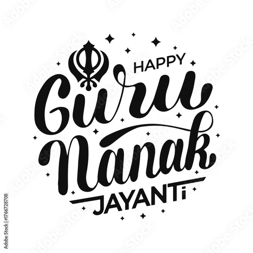 Happy Guru Nanak Jayanti Calligraphy hand drawn black lettering. Typography in round shape with Khanda. Vector illustration