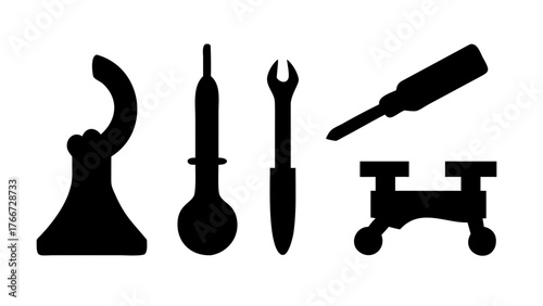 Vector art of silhouette of various tools a stand, a dropper, a wrench, a screwdriver, and a clamp, all depicted in black against a clean white backdrop, vector illustration