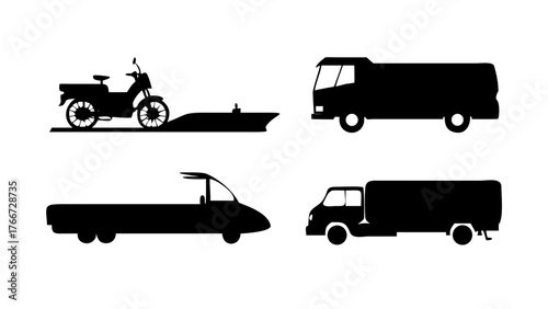 Vector art of silhouette illustration showcasing a diverse range of transportation vehicles, including a motorcycle, a boat, a truck, and a car, representing various modes of travel and logistics