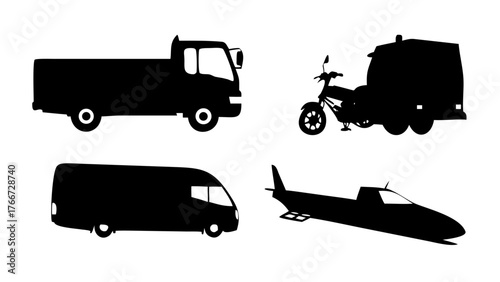 Vector art of silhouette illustration featuring a diverse collection of transportation vehicles, including a truck, motorcycle, van, and airplane, representing various modes of travel