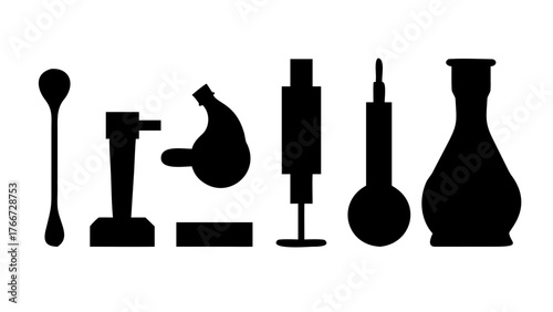 Vector art of silhouette illustration of various laboratory glassware and equipment, includes flasks, beakers, pipettes, and other tools used in scientific research and experimentation