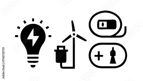 Vector art of black and white illustration of renewable energy sources, features a light bulb, wind turbine, and battery icons representing sustainable power