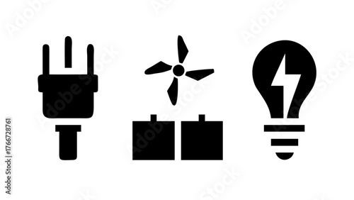 Illustration of renewable energy sources, featuring a plug, wind turbine, and light bulb, symbolizing sustainable power generation and ecofriendly practices