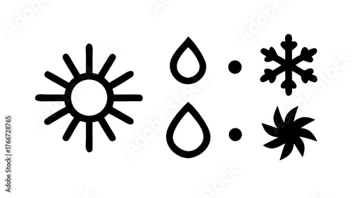 Vector art of weather forecast symbols in simple black and white, includes sun, rain, snowflake, and other weather icons for use in weather reports and forecasts
