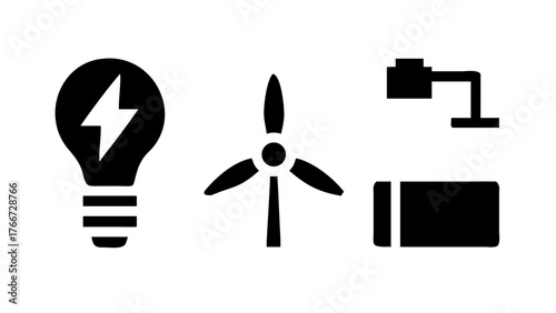 Illustration of green energy sources, showcasing a light bulb, wind turbine, and battery, representing sustainable power generation and ecofriendly practices