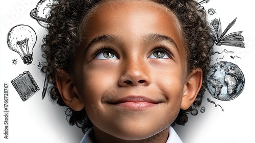Smiling child looking up with creative thoughts and sketched illustrations