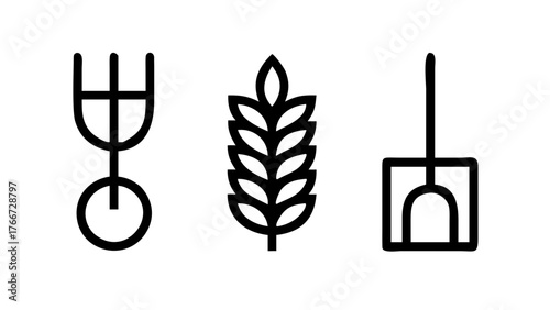 Vector art of three agriculture icons showing a pitchfork, a wheat stalk, and a shovel the icons are simple and modern, perfect for use in a variety of designs