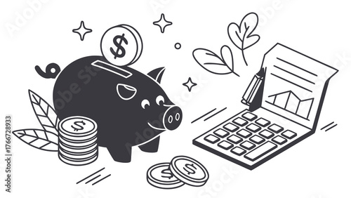 Illustration of a piggy bank with a coin, a calculator with a graph, and decorative elements, the image represents financial planning