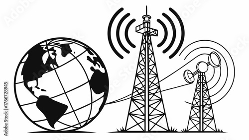 Vector art of a black and white illustration depicting global communication with a globe and transmission towers, symbolizing connectivity, network, and technology