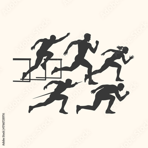 Vector art of athletes in silhouette running and jumping over hurdles during a track and field race, dynamic action shot