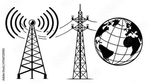 Vector art of illustration depicting global communication with transmission tower, power line tower, and earth globe, showcases connectivity, technology, and worldwide network