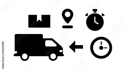 Vector art of delivery truck with box, location pin, and clock icons depicting fast and reliable shipping, logistics, and tracking services for ecommerce businesses