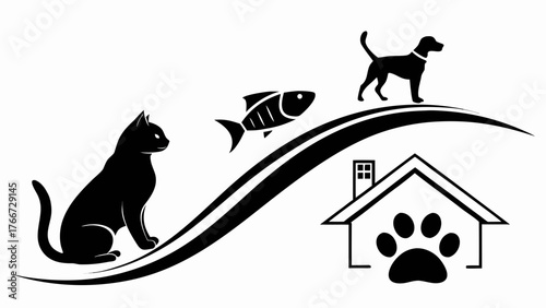 Vector art of a captivating vector illustration showcasing a harmonious blend of domestic animals, including a cat, fish, and dog, alongside a cozy house symbol