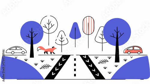 A wildlife corridor illustrated with native flora allowing animals like foxes and otters to cross safely through urban landscapes promoting connectivity between habitats.