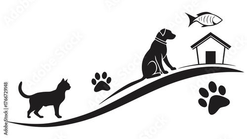 Vector art of pet care and lifestyle illustration depicts a cat, dog, fish, house, and paw prints, symbolizing animal companionship, home, and domestic life