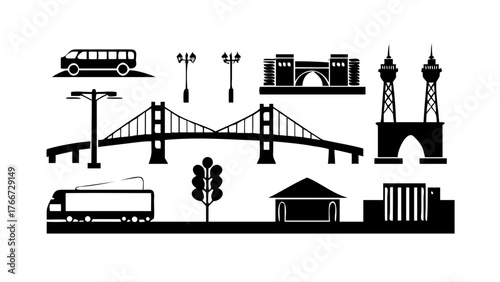 Vector art of silhouette of tehran city landmarks, including milad tower, azadi tower, bridges, and buildings, creating a skyline that represents the iranian capital