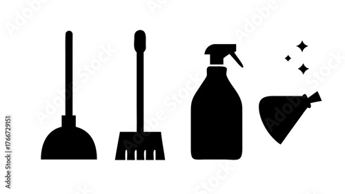 Vector art of a captivating vector illustration showcasing a collection of cleaning tools, including a plunger, brush, spray bottle, and cleaning fluid symbol