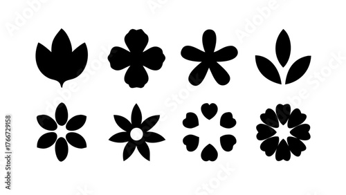 Vector art of collection of flower silhouettes, each displaying a unique petal arrangement and shape, perfect for botanical designs and floral patterns