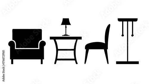 Vector art of elegant living room furniture set, featuring a comfortable armchair, a stylish table with a lamp, a sleek chair, and a modern floor lamp