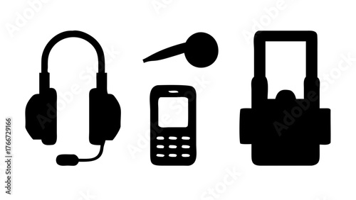 Vector art of a set of communication tools, including a headset, microphone, mobile phone, and walkietalkie, all depicted as simple black icons on a