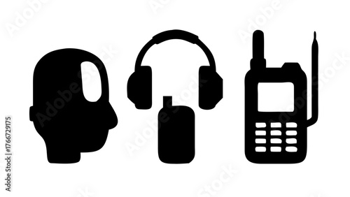 Vector art of a collection of communication devices, featuring a human head, headset, mobile phone, and walkietalkie, all rendered as simple black icons on a white backdrop