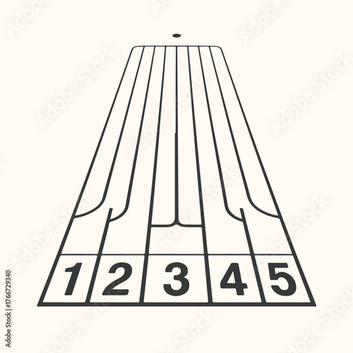 Vector art of topdown view of a bowling alley lane with numbered lanes from 1 to 5, highlighting the start of the game and competition