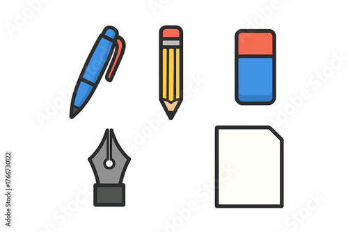 Set of essential stationery items including pen, pencil, eraser, and blank paper sheet