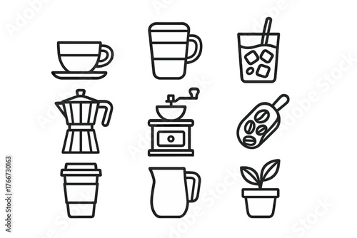 Essential coffee making equipment and beverage icons in simple outline style