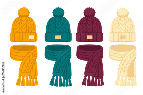 Warm knitted winter accessories set with beanies, pom-poms, and matching scarves