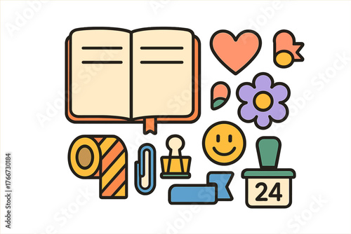 Aesthetic collection of colorful stationery items, office supplies, and decorative symbols